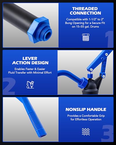 Image of OMT 55 Gallon Drum Pump, Fits 5 to 55 Gallon Drums & Barrels | Lever Action Barrel Pump with 3 Section Suction Tube for Transfer of Chemicals, Acidic Solutions, Fuels, Water Based Fluids