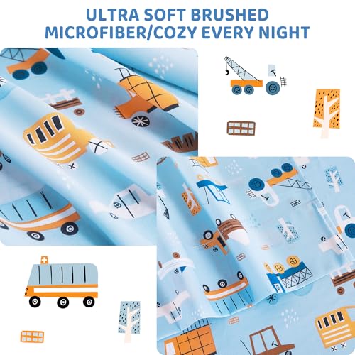 Image of Viviland 3 Pieces Boys Blue Truck Twin Sheet Set - Soft Microfiber Fitted Flat Sheets & Pillowcase - Construction Truck Bedding Sets - for Kids & Toddlers