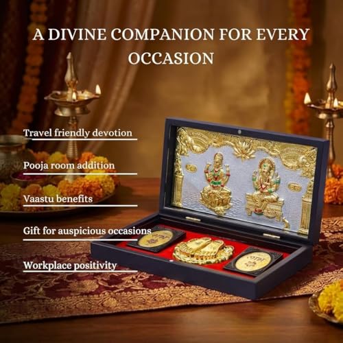 Image of Laxmi Ganesh Pocket Temple for Wedding Gift, Housewarming Gift & Pooja Room Decor | Gold Plated Photo Frame with Charan Paduka - 8 Inches (Brown)