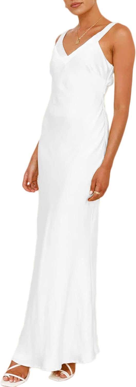 Satin V Neck Maxi Dress for Women Wedding Guest 2026 Summer Formal Elegant Cocktail Sleeveless Long Dresses Backless - Image 2
