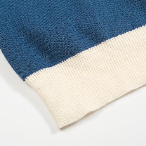 Men's Retro Blue Knitted T-Shirt Short Sleeve, Mod Style Cat Pattern Crewneck Cotton Tops4