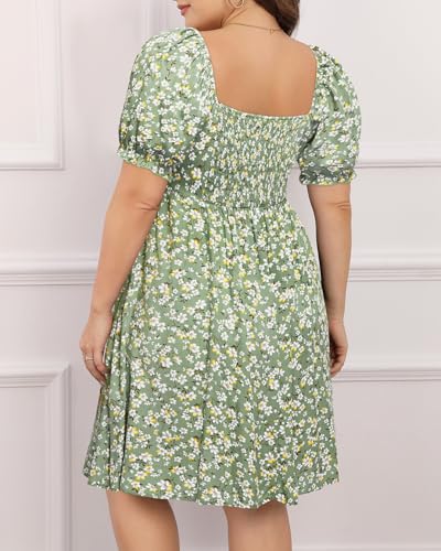 Image of Pinup Fashion Women Plus Size Casual Puff Sleeve Summer Sundress Smocked Short A Line Babydoll Cute Mini Dresses
