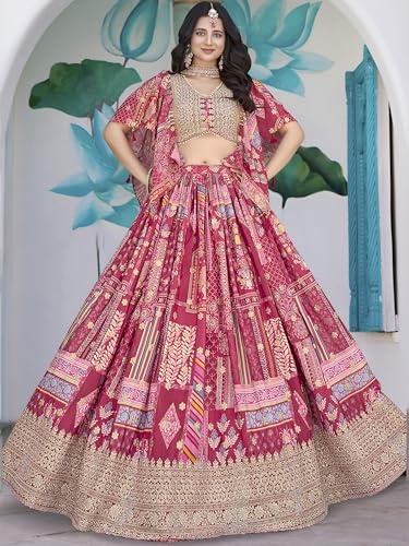 Image of Women's Digital Print With Zari Dori Embroidery Work Chinnon Silk Lehenga Choli With Dupatta (Women-Lehenga-Choli-New; Free size)