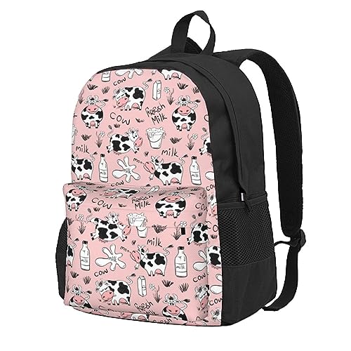 YINGD Mochila con estampado de vaca, color rosa leche, gran capacidad, tamaño A4, ligera, para escuela, viajes, multifuncional, unisex, celebración, bonito regalo