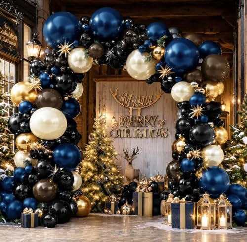 Image of Navy Blue Gold Balloon Arch Double Stuffed Pearl White Sand Dark Royal Blue Black Brown Gold Balloon Garland Kit for Birthday Wedding Bridal Shower Anniversary Christmas New Year Party Decor
