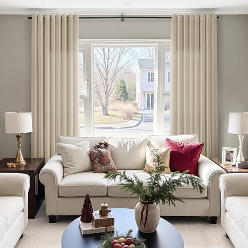 Image of Eggshell Beige Linen Curtains 84 Inches Long for Living Room Grommet Luxury Light Filtering Semi Sheer Curtain Modern Farmhouse Decor Elegant Coastal Sheer Drapes for Bedroom Office 52x84, 2 Panel