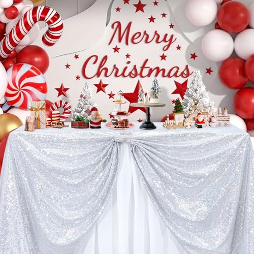 Image of B-COOL Sequin Tablecloth Drape Glitter Fabric Table Overlay Cloths for Birthday Banquet Ceremony Wedding Outdoor Indoor Party Decorations 50x50 Inch Laser Silver