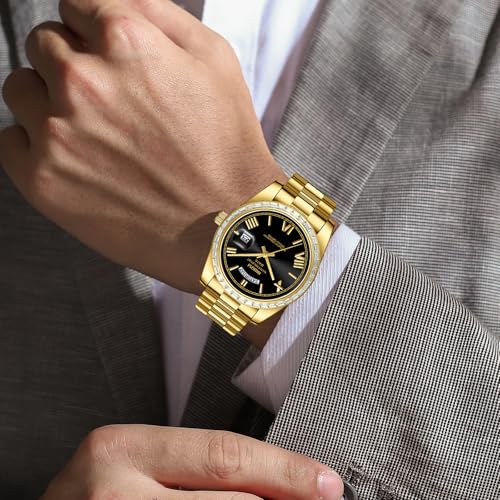 Image of NIBOSI Watches for Men Analog Quartz Diamond Bezel Stainless Steel Dial Rose Gold Silver Mens Watch Waterproof Business Classic Dress Wrist Watch with Day Date