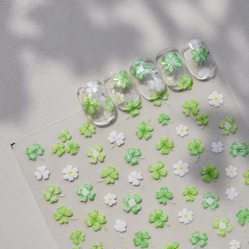 1Pcs Green Clover Nail Art Stickers Holographic Shamrock Nail Decals Self-Adhesive 5D Embossed Lucky Four Leaf Clover Nail Supplies of Women Irish St. Patricks Spring Summer Design Manicure Decor