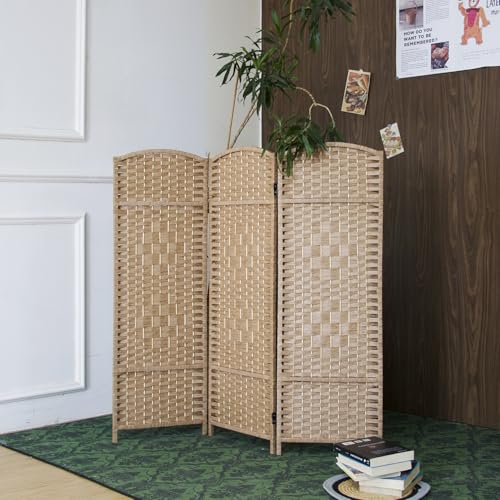 Loomveil 3-Panel Short Room Divider 3.9 ft Freestanding Partition Wall Light Brown Rattan Double-Sided Folding Screen for Living Room Bedroom & Corner Privacy