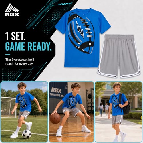 Image of RBX Boys Athletic Shorts Set - 2 Piece Active Performance Graphic Tees and Mesh Gym Shorts for Boys With Elastic Waistband