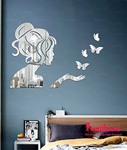 Wall1ders Angel & 4 Butterflies Silver, Mirror Stickers for Wall, Acrylic Mirror Wall Decor Sticker, Wall Mirror Stickers, Acrylic Stickers, Wall Stickers for Hall Room, Bed Room, Kitchen. (Silver)