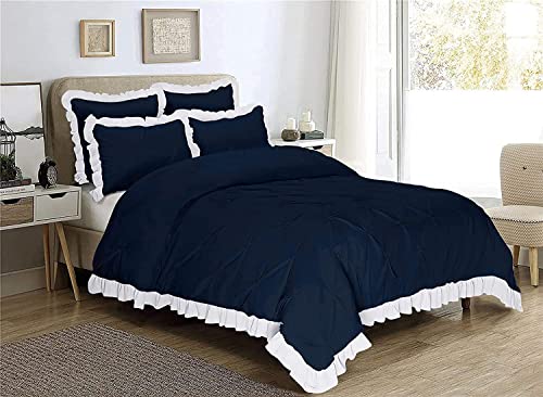 Image of 300 TC Pinch Ruffle 2 Tone Duvet /Razai /Blanket Cover with 2 Pillow Cover- 100% Cotton (Zipper Closure) Razai Cover 3 PC Set, Soft & Lightweight-Queen Size White /Navy Blue