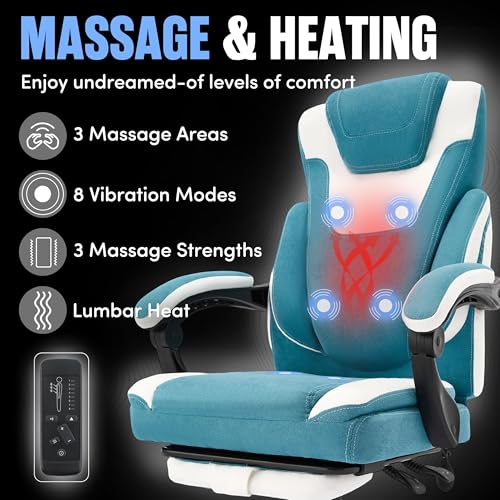 Image of Massage Office Chair with Footrest,6-Point Vibration and Heat Executive Office Chairs,Ergonomic Desk Chair for Heavy People,500LBS Big and Tall Fabric Office Chair,Reclining Managerial Chair,Bluewhite