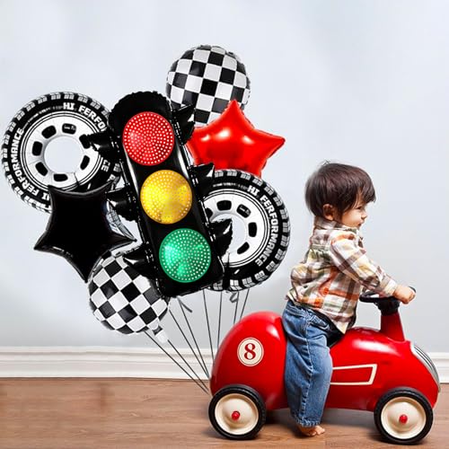 Image of 7Pcs Race Car Party Balloon Set, Traffic Light, Checkered Balloons, Tire Balloons, Race Car Themed Fast One Two Fast Birthday Party Decorations