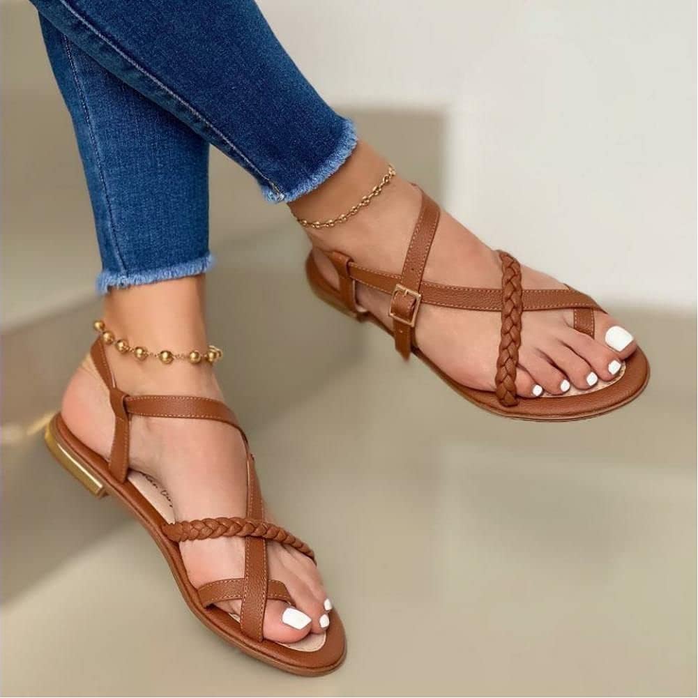 WEDFGXWEDFGX Summer Women Flat Sandals Fashion Buckle Strap Open Toe Beach Casual Women'S Shoes Flats Pus Size Ladies Sandals