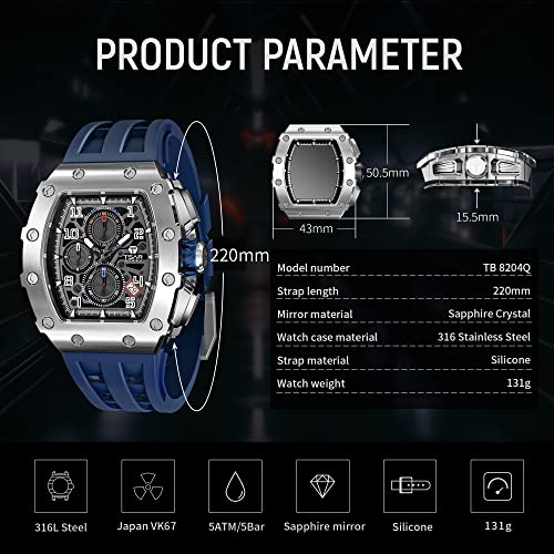Image of TSAR BOMBA Mens Luxury Watch Watches for Men 50M Waterproof Japanese Quartz Movement Tonneau Stainless Steel Case Sapphire Glass with Chronograph Date Function Cool Unique Fashion Gift