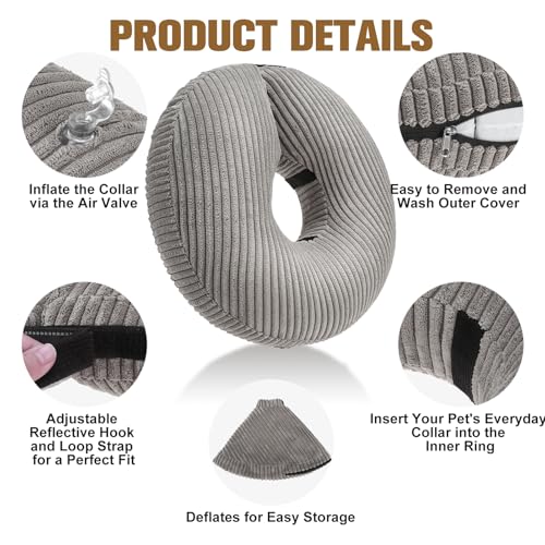 Image of BINGPET Inflatable Dog Cone Collar Alternative After Surgery,Soft Recovery Cone for Dogs to Stop Licking,Dog Blow up Protective Neck Donut ECollars Adjustable for Large Medium Small Pet,Upgrade M Grey