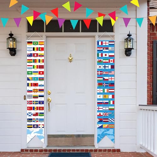 Image of Hooqict 2Pcs World Flags Banner Porch Sign International Country Flags for Travel Around the World Party Decorations Classroom Soccer Birthday Party Supplies Welcome Sign