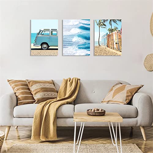 Beach Picture Coastal Palm Trees Picture Print Bus Artwork Seashore Artwork Picture Surfboard Poster Blue Surfboard Print Painting Ocean Bathroom Wall Art 3 Pieces Each Panel 12X16Inch Unframed #TOP5