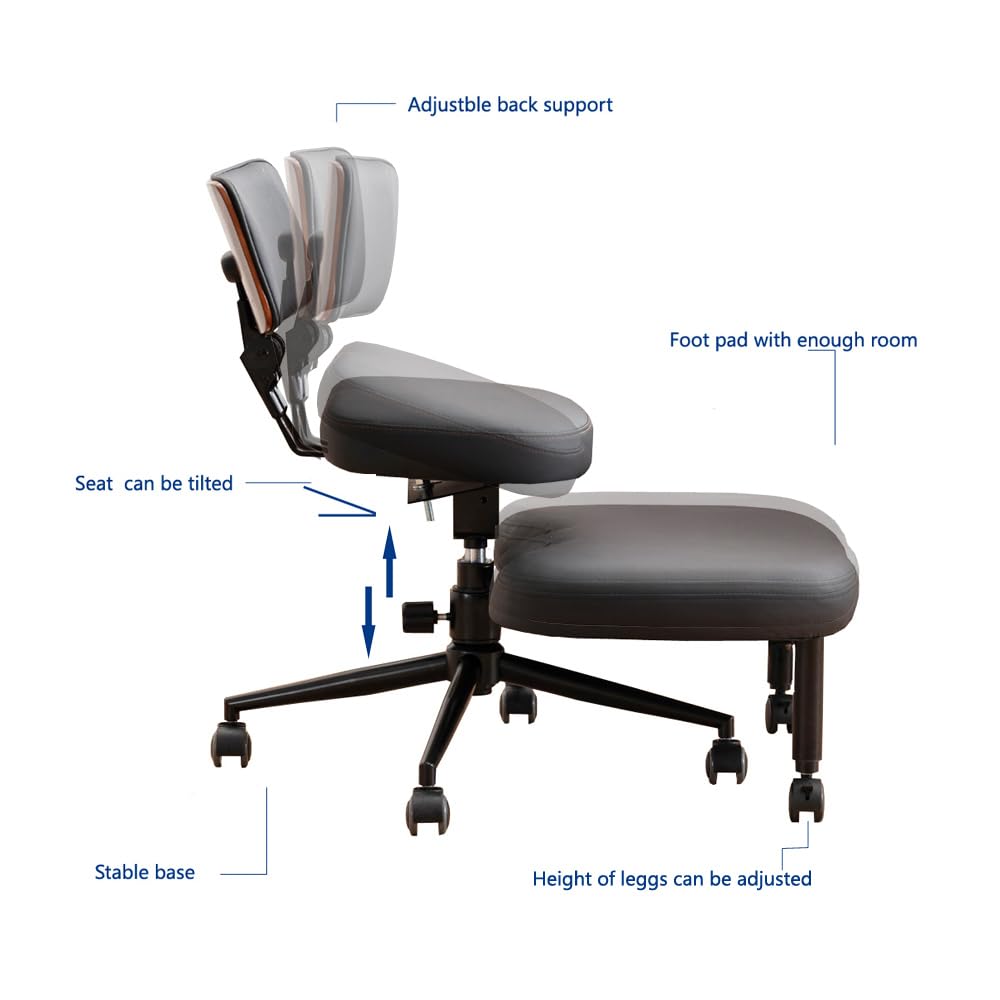 Chaise genoux ergonomique avec dossier, tabouret réglable pour une meilleure posture, assise rembourrée avec roulettes, noire