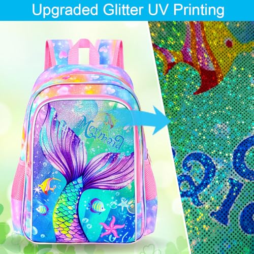 Image of 16 inch Mermaid Backpack for Girls, 3Pcs Kids Fish Tail Backpacks with Lunch Box, School Bookbag for Elementary Preschool Kindergarten(Pink)