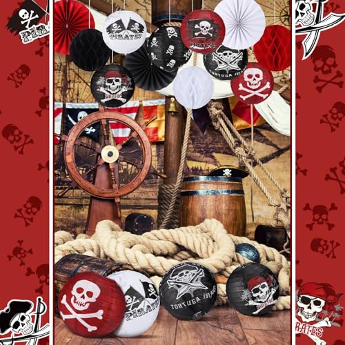 Image of Baquler 18 Pcs Pirate Theme Party Decoration Pirate Skull Hanging Paper Lantern Fans Black Red Honeycomb Ball for Nautical Birthday Party Ornament Ceiling Decor Supplies