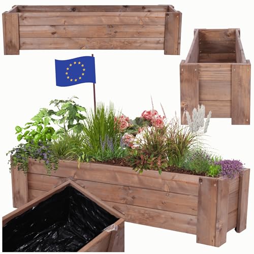 MODO24 Pflanzkübel aus Holz, Hochbeet mit Schutzfolie, Kiefernholz Pflanzkasten Blumenkasten für Outdoor Garten Terrasse Balkon, Wetterfest, Stabil & Dekorativ, 30x100x33 cm Farbe: Braun imprägniert