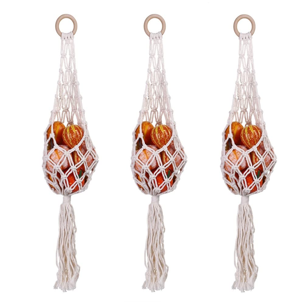 HOMU Fruit Hanging Basket Macrame Vegetable Hammock Boho Veggie Banana Wall and Holder Net Cotton Bohemian Produce Food Storage Hanger Kitchen Counter Space Saving, 3 Pcs