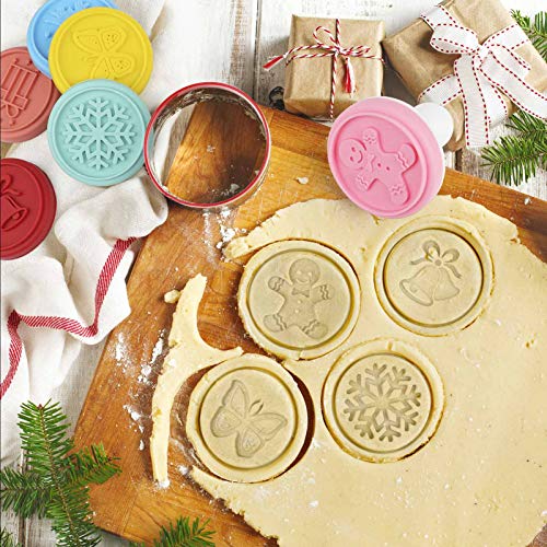 FANGSUN Christmas Cookie Stamps Sets, 6 Silicone Stamps, 1 Stainless Steel Round Cookie Cutter, 1 Plastic Cookie Press (Multi)