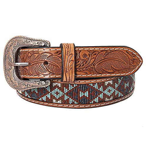 HILASON Western Genuine Leather Belt for Men Women Cowboy Cowgirl Handmade Unisex Full Grain Heavy Duty Tooled Beaded