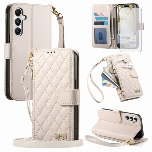 Asuwish Phone Case for Samsung Galaxy S24/S25 5G Wallet Cover with Tempered Glass Screen Protector and Wrist Strap Flip Zipper Card Holder Kickstand Cell Accessories S 24 24S 25 25S G5 SM-S931U Beige