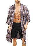 COOFANDY Men's Lightweight Kimono Robe Jacket Printed Japanese Style Bathrobes Casual Open Front Long Cardigan Coat Outwear Blue