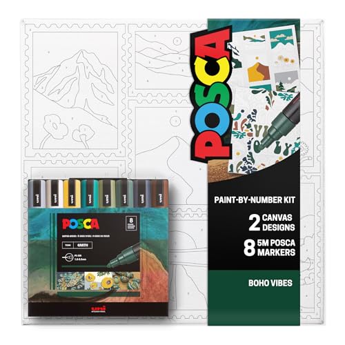 Image of POSCA Canvas Paint by Number Kit, Boho - 8 Acrylic Markers with 2 Pre-Drawn Canvases - Gift Set for Artists, Adults and Kids