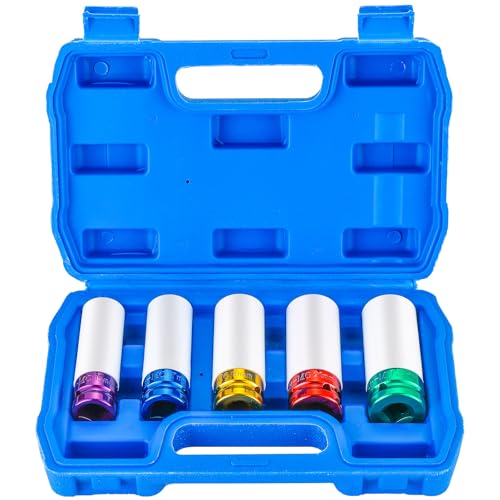 DASBET 5PCS Lug Nut Impact Socket Kit 1/2 Inch Drive Impact Wheel Nut Socket Set Thin Wall Deep Wheel Protector Sockets 6 Point, Metric 15mm, 17mm, 19mm, 21mm, 22mm