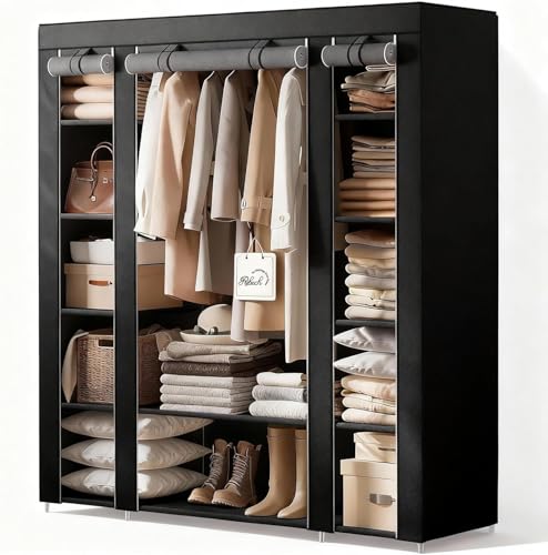 Ribech Armoire en Tissu 45 x 150 x 175 cm - Cadre en métal avec Housse Anti-poussière en Non-tissé - Tringle à vêtements - Noir - Système de Rangement...