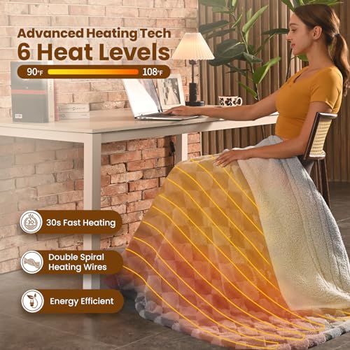 Image of Bearhug Heated Blanket Throw 50 inch x 60 inch Electric Blanket, Reversible Brown Plaid Sherpa Heating Blanket, 6-Heat Levels & 4H Auto Off, ETL, Machine Washable