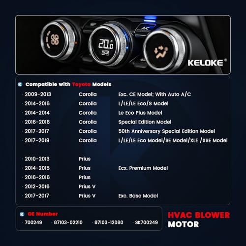 Image of KELOKE HVAC Blower Motor Fan Compatible with 2009-2019 Toyota Corolla, 2010-2016 Prius, 2012-2017 Prius V, with Fan Cage, Replace# 700249 87103-02210