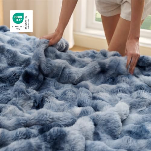 Image of Bedsure GentleSoft Bubble Faux Fur Blankets Queen Size, Fluffy Fuzzy Queen Blanket for Bed, Soft Cozy Faux Fur Bedding for Winter, Thick Warm Plush Bed Cover, Tie-dye Blue, 90x90