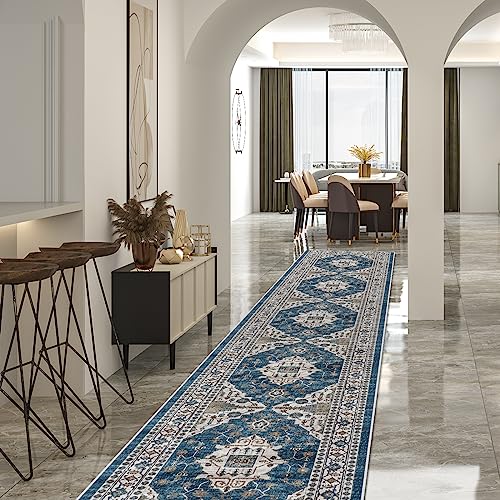 Hallway Washable Runner Rug - 2'6x14 Kitchen Rugs Entryway Rug Runner Vintage Soft Floor Mat Non Slip Indoor Farmhouse Carpet for Bathroom Living Room Bedroom (2'6''x14', Blue)