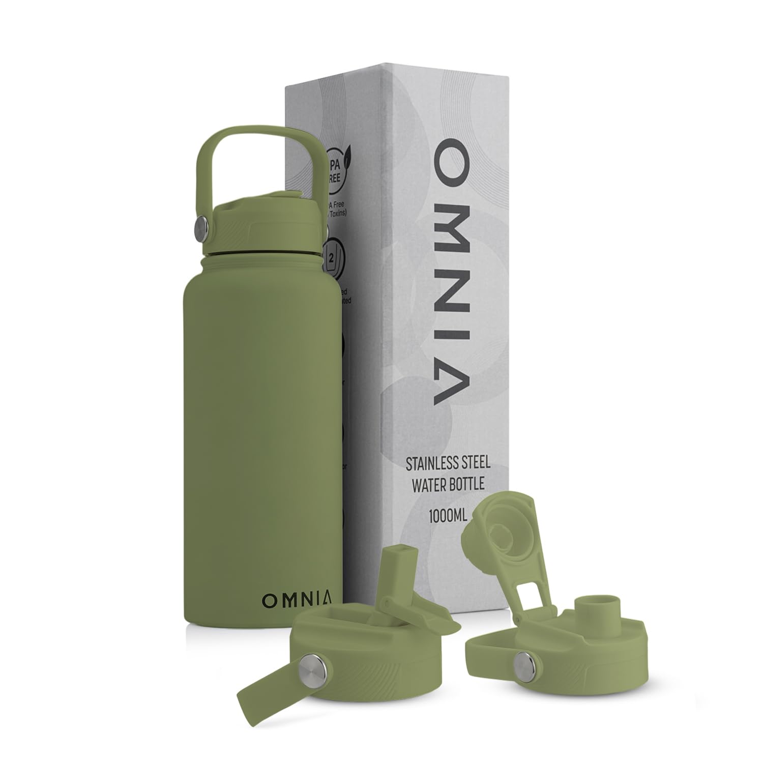 OMNIA Vacuum Insulated Stainless Steel Water Bottle, 2 Lids (Straw & Spout) Leakproof, BPA-Free, Reusable Flask for Sports, Gym, Travel, Outdoors (Olive Green, 1000ML)