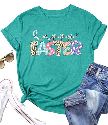 Image of Women Happy Easter T Shirt Bunny Rabbit Graphic T-Shirt Funny Letter Printed Shirts Short Sleeve Tops