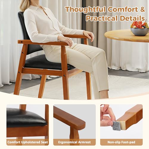 Image of NOBPEINT Mid-Century Modern Dining Chairs with Armrest Set of 4, PU Leather Upholstered Dining Room Chairs with Solid Wood Frame, Walnut Kitchen Armchairs for Kitchen Living Room Restaurant, Black