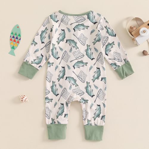 Newborn Baby Girl Boy Fishing Outfit Fish Print Long Sleeve Romper Zipper Jumpsuit Infant Coming Home Clothes4