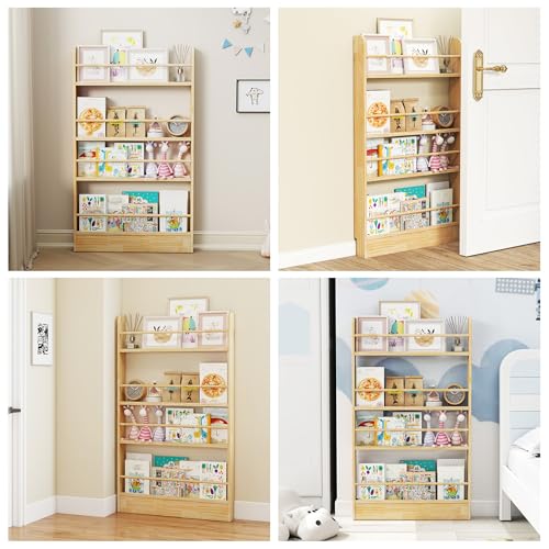 Image of 4 Tier Behind The Door Bookshelf, Space Saving Behind The Door Bookcase Wooden Kids Book Shelf for Bedroom Living Room Study White (120 * 70-Wood)