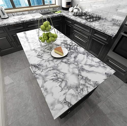 Image of HOME13 Marble Wallpaper Peel & Stick Contact Paper Self Adhesive Decorative Removable Waterproof Wallpaper for Kitchen Cabinet and Furniture Countertops (24 X 80 INCH, White Fiber Marble)