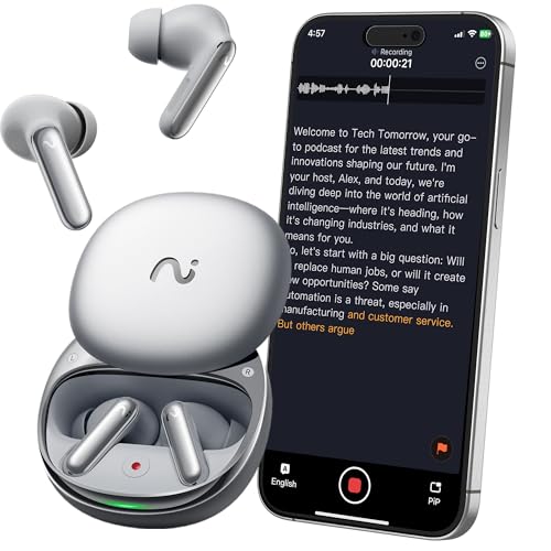 RecDot AI Voice Recorder Earbuds, viaim AI Meeting Assistant with Transcription, 78 Languages, FlashRecord, to-Do Lists & Summaries with viaim AI, 48dB ANC for Meetings, Interviews & Lectures, Sliver