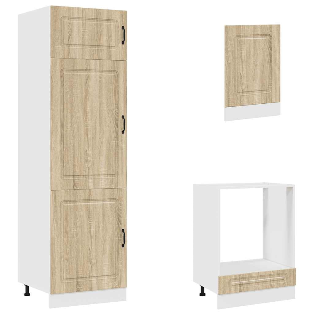 Set di 7 mobili da cucina Kalmar Sonoma, in legno di quercia Sonoma, con armadi alti e inferiori, pensili, vetrina e dispensa per riporre oggetti e organizzare la cucina