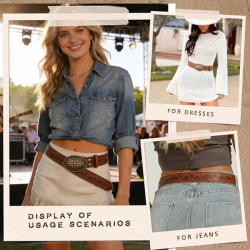 Image of Yalice Western Brown Belt for Women Vintage Cowgirls Leather Jeans Belts with Embossed Buckle