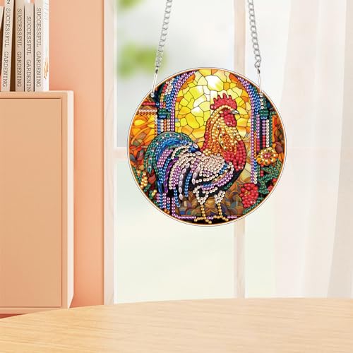 Image of AiYuanzsh DIY 5D Diamond Art Hanging Pendant, Rooster Acrylic Rhinestone Ornament for Wall Door Window Decor, Diamond Painting Animal Craft Gift for Home or Christmas Decoration